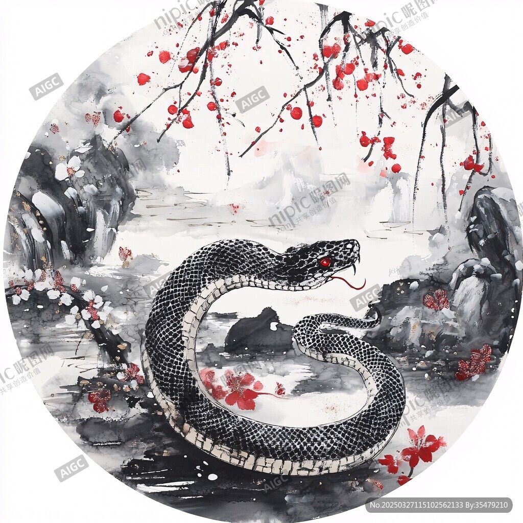 水墨蛇景圖 紅梅相襯