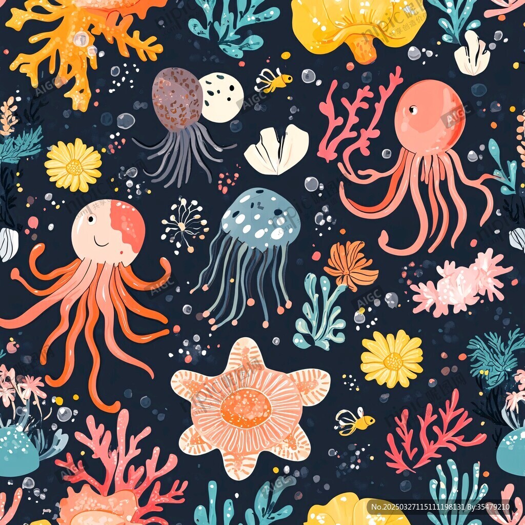 海底萌趣生物無縫圖案