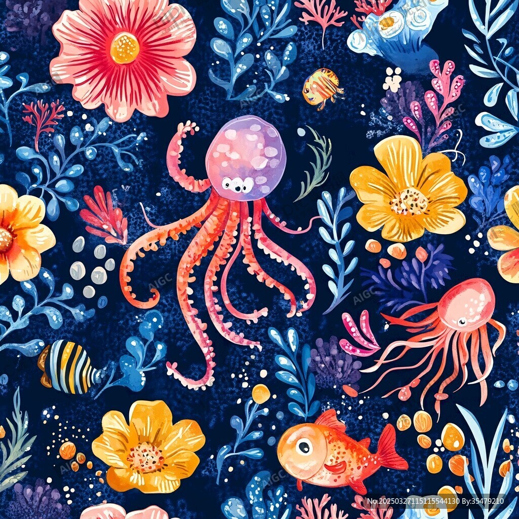 海洋花卉奇幻插畫圖案