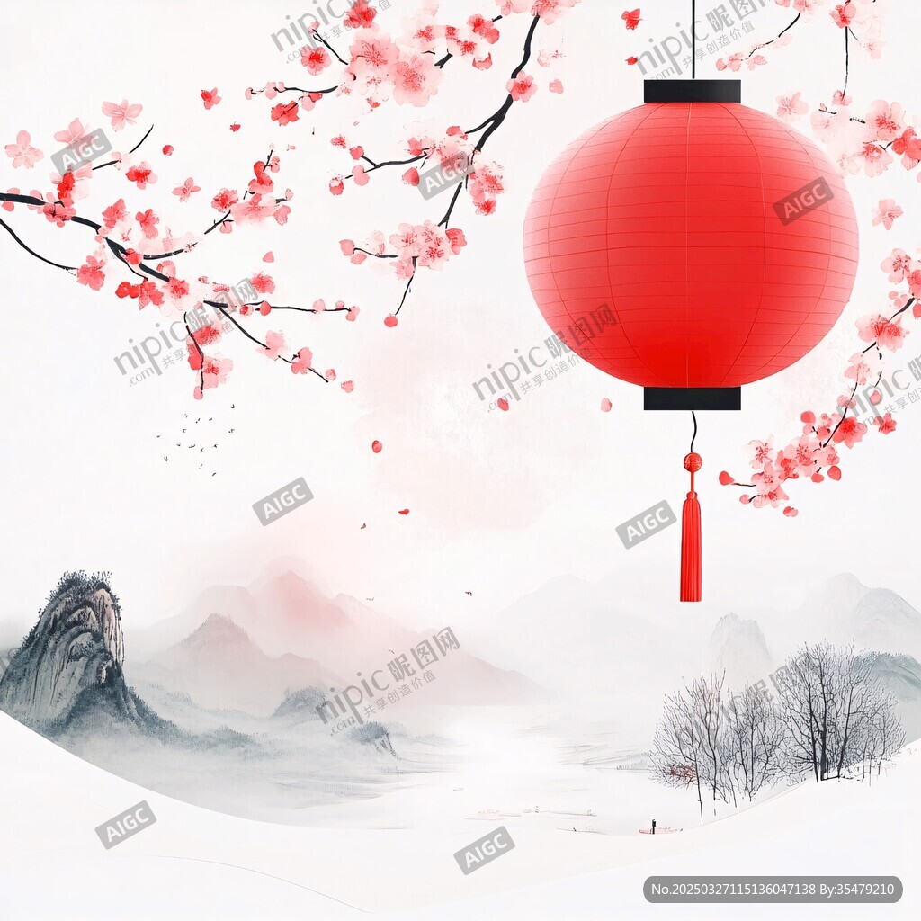 紅梅燈籠映山水美景