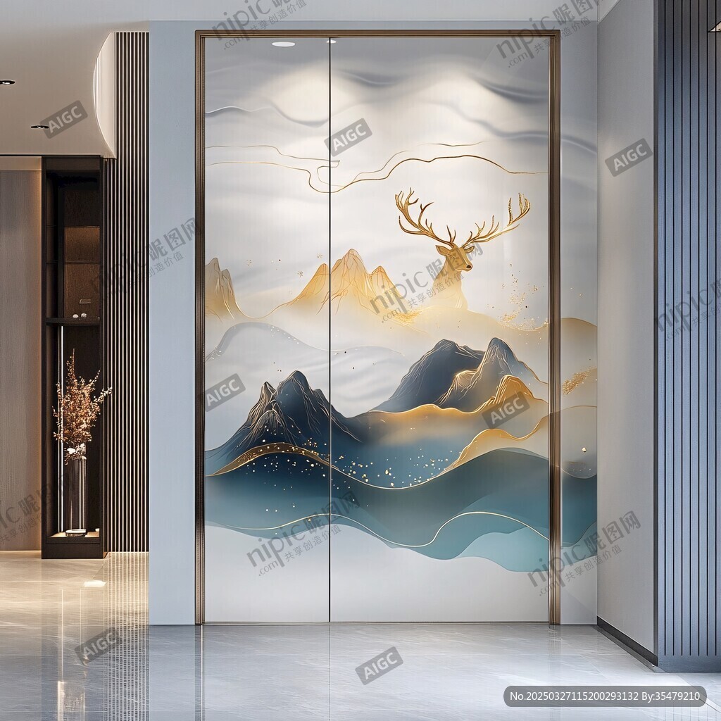 新中式山水麋鹿玄關(guān)背景墻