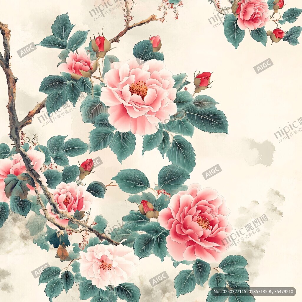 國畫風(fēng)盛開的嬌艷粉色花卉