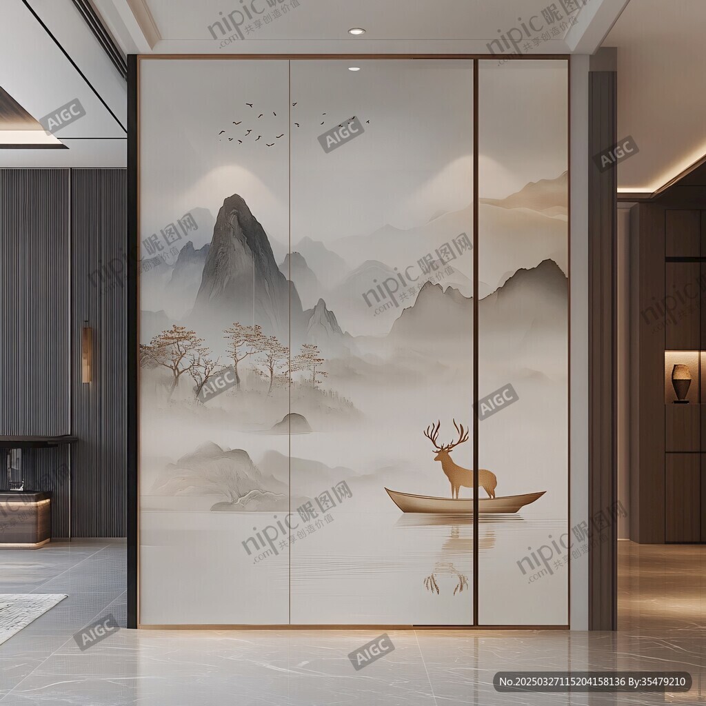 中式山水麋鹿玄關裝飾畫