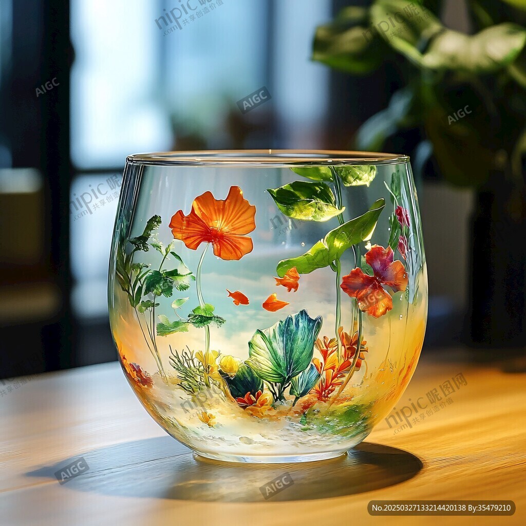 手繪花卉金魚玻璃藝術杯