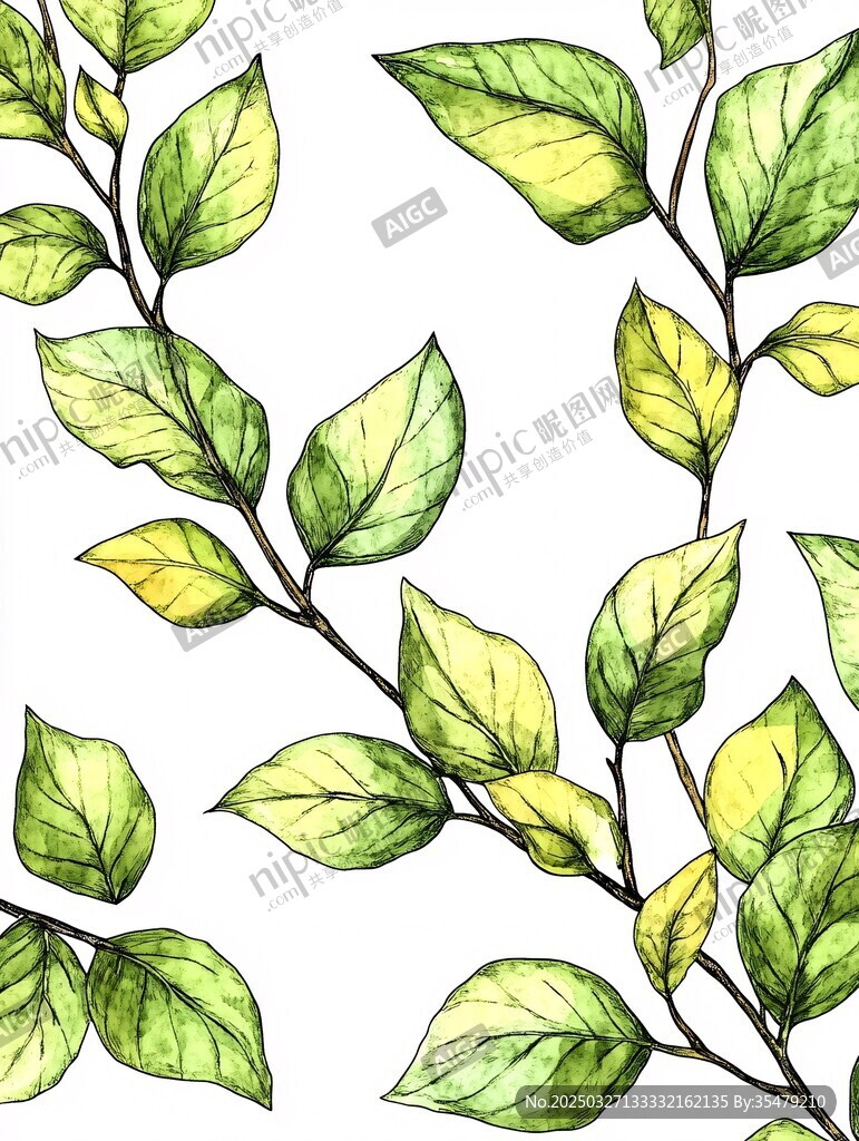 水彩綠葉植物無縫圖案