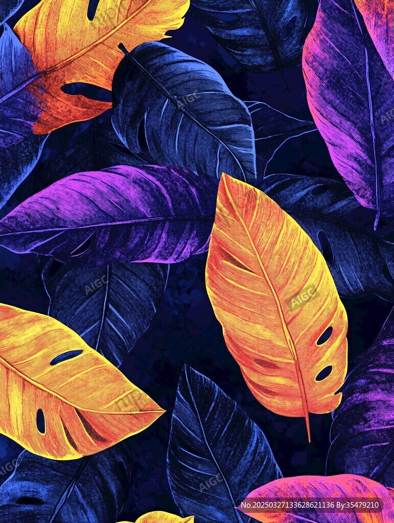 夢幻多彩熱帶植物葉片圖案