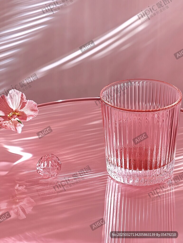 粉色系透明玻璃杯與花朵