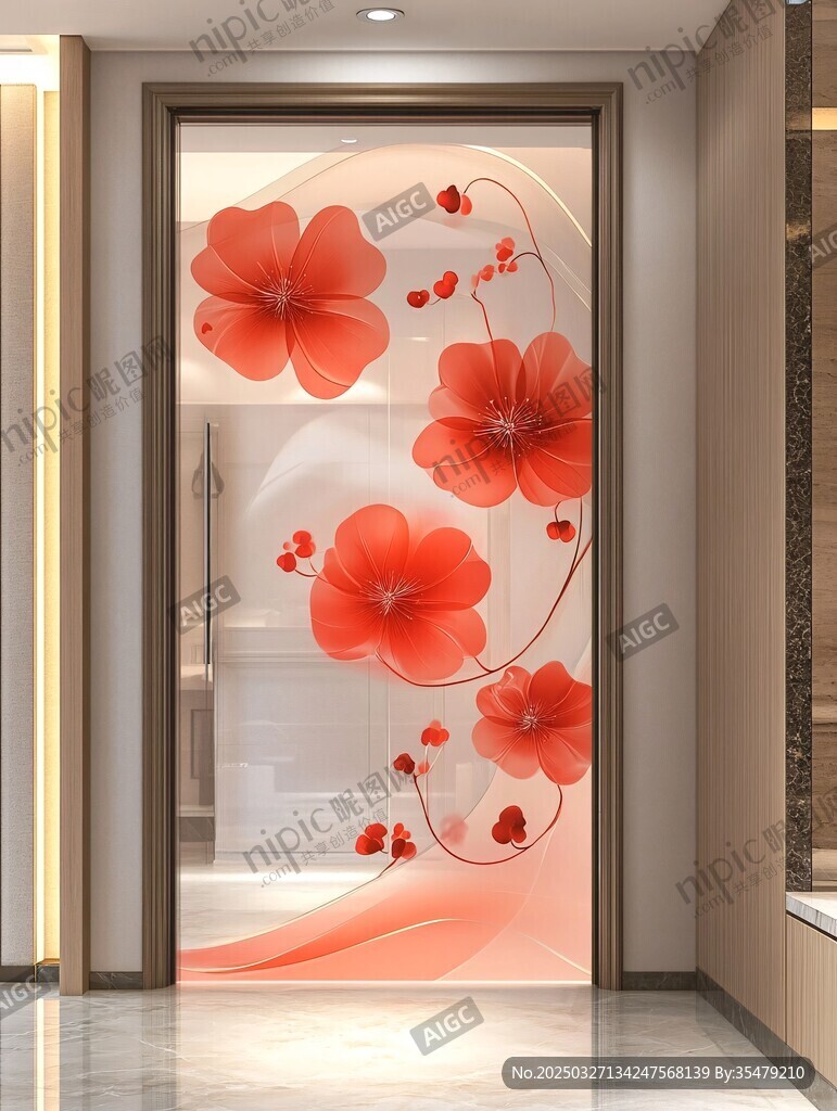 紅色花卉玻璃門裝飾畫