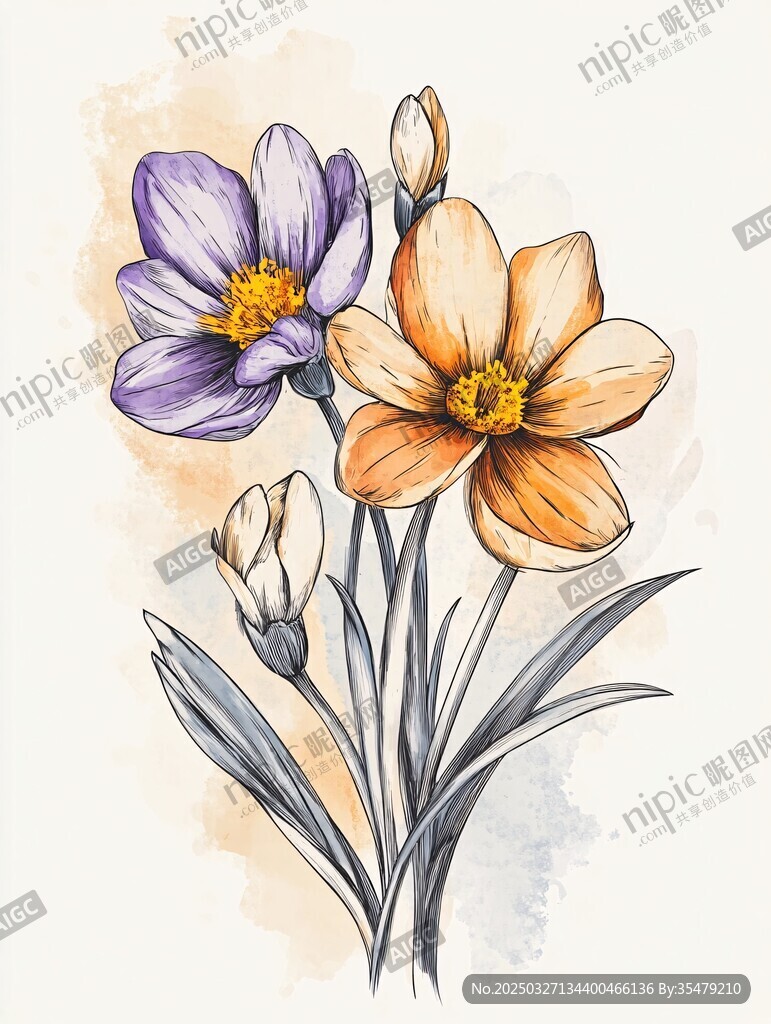 水彩繪雙色花卉插畫