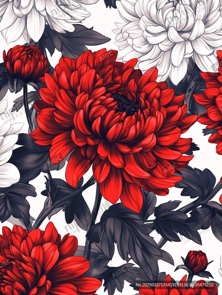 紅白色菊花花卉圖案