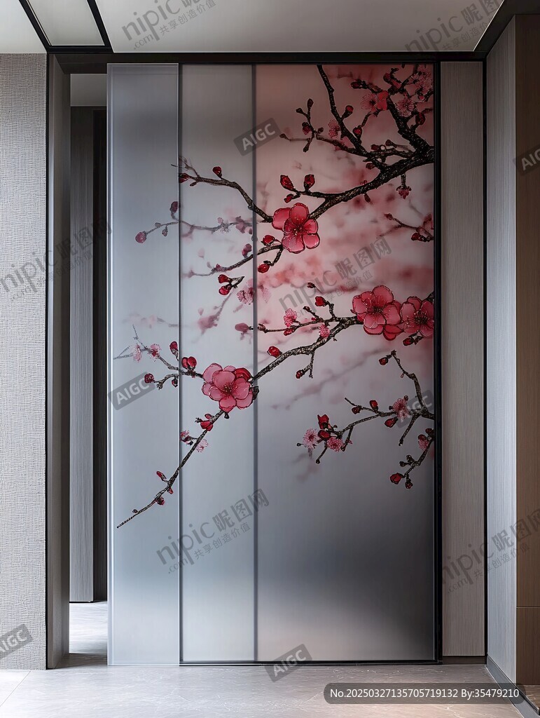 中式玄關(guān)處的紅梅裝飾畫