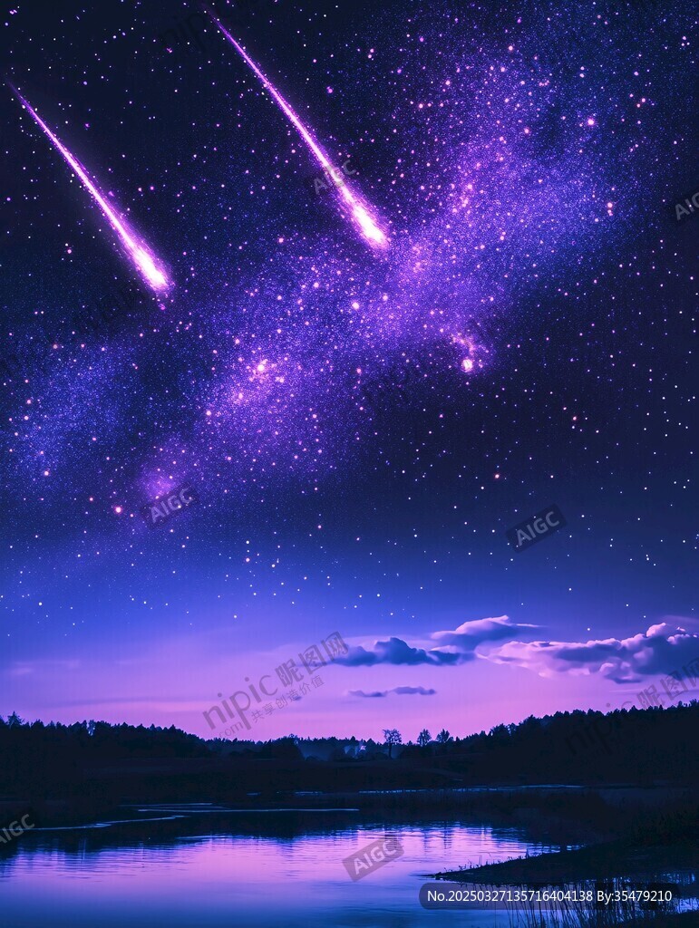 夢幻夜空流星劃過湖畔