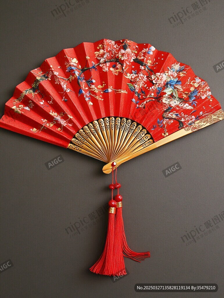 古典紅折扇 精致花鳥圖案