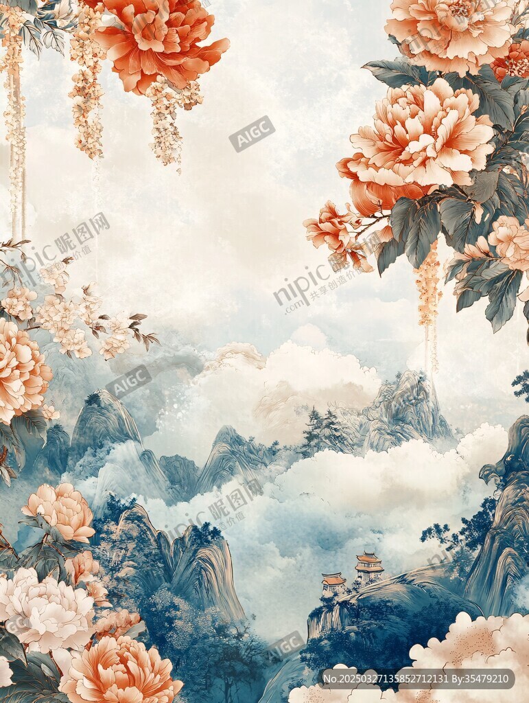 國色牡丹映山水美景