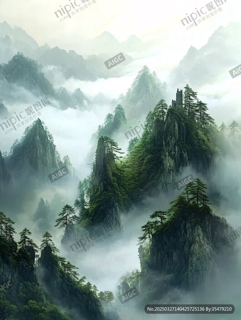 水墨群山云霧間