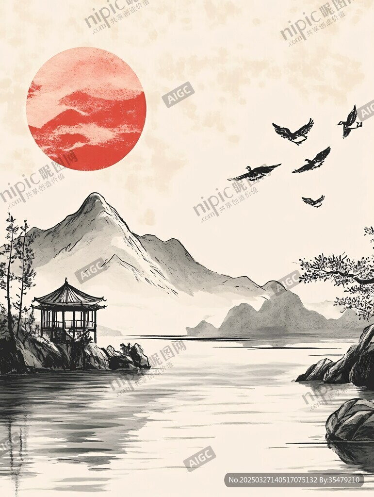 紅日山水間飛鳥伴亭景