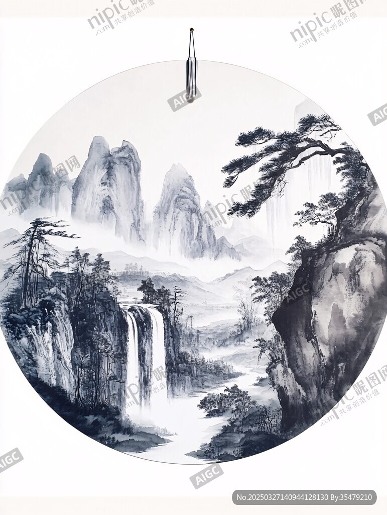 圓形水墨山水國畫作品