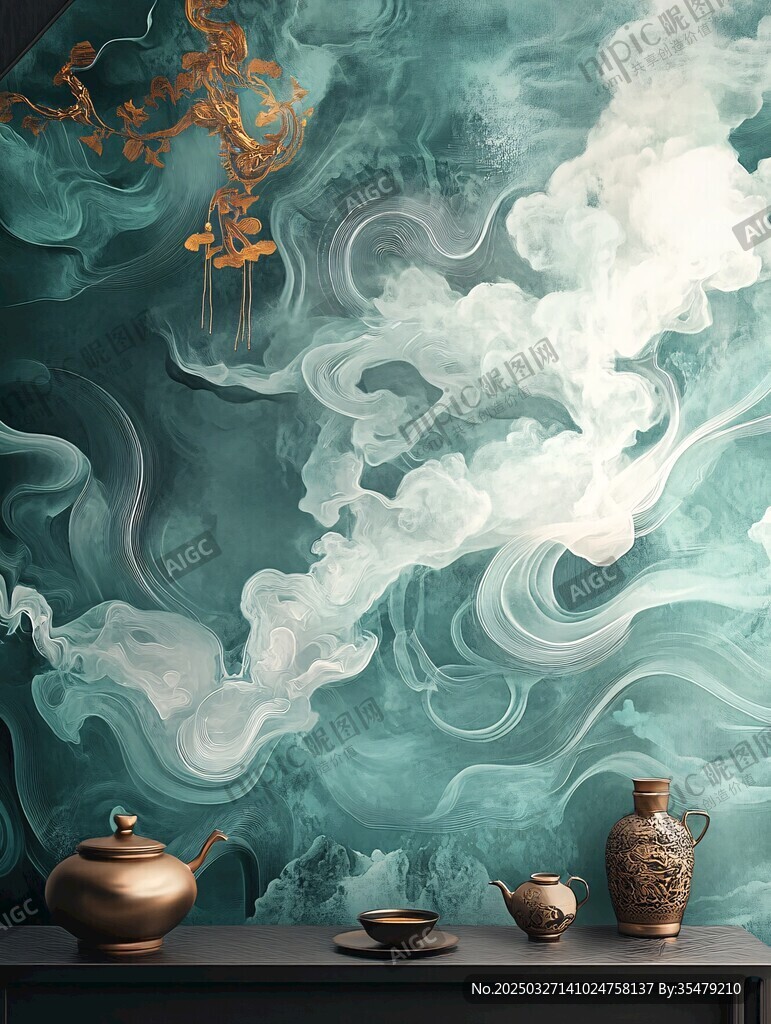 中式古風茶境云霧繚繞圖