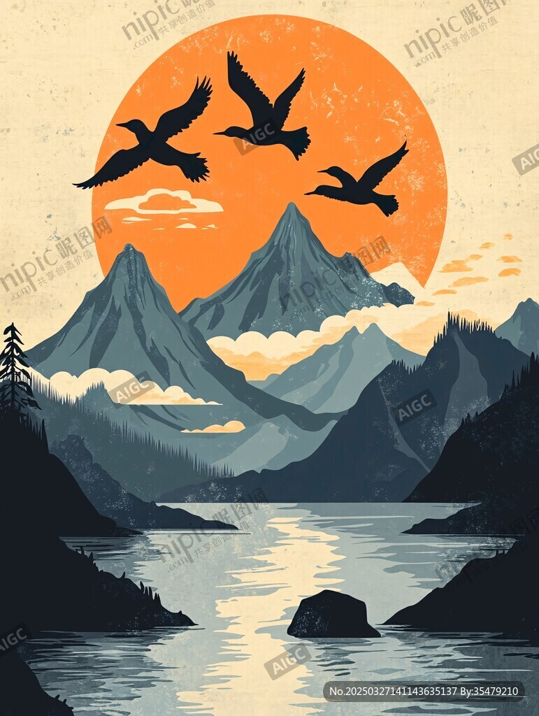 落日群山飛鳥湖景圖