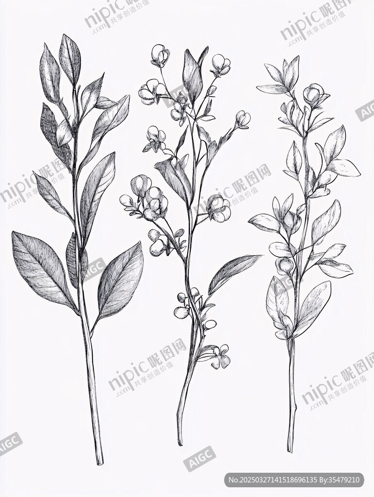 手繪花卉枝葉植物線稿圖
