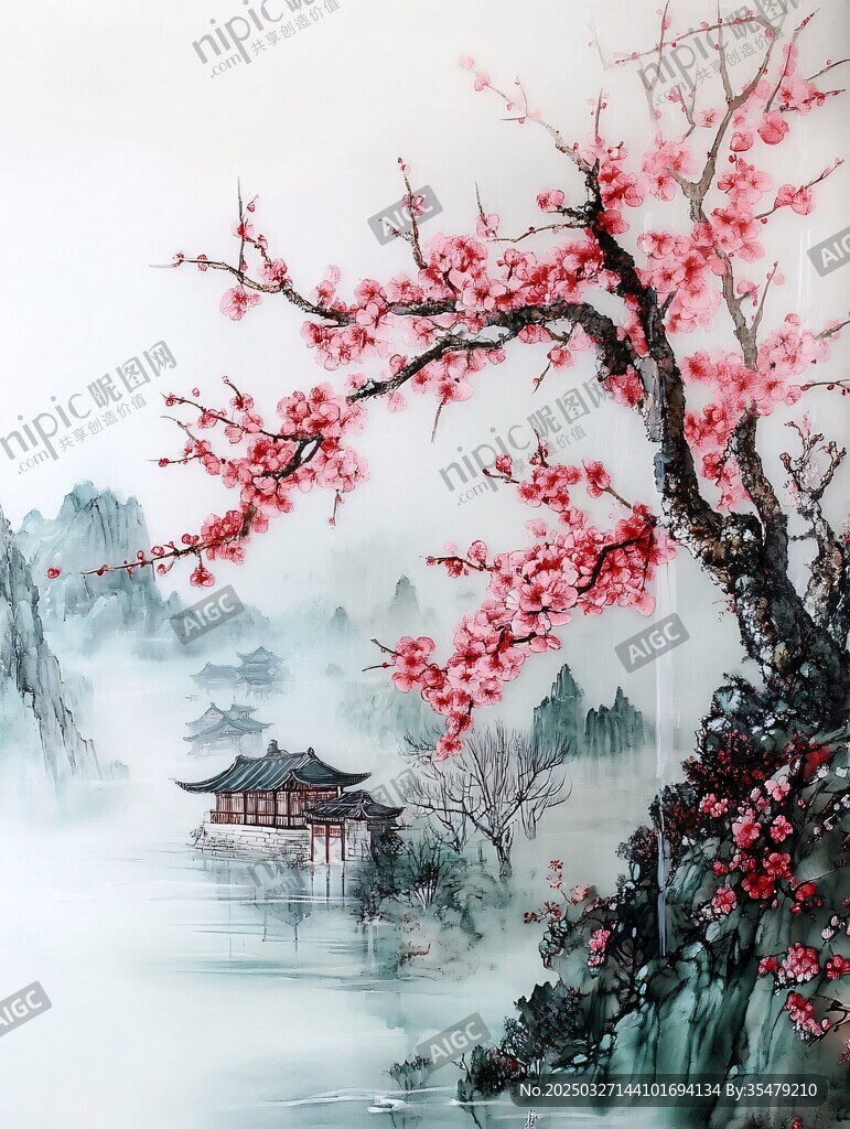 水墨紅梅映古亭山水景