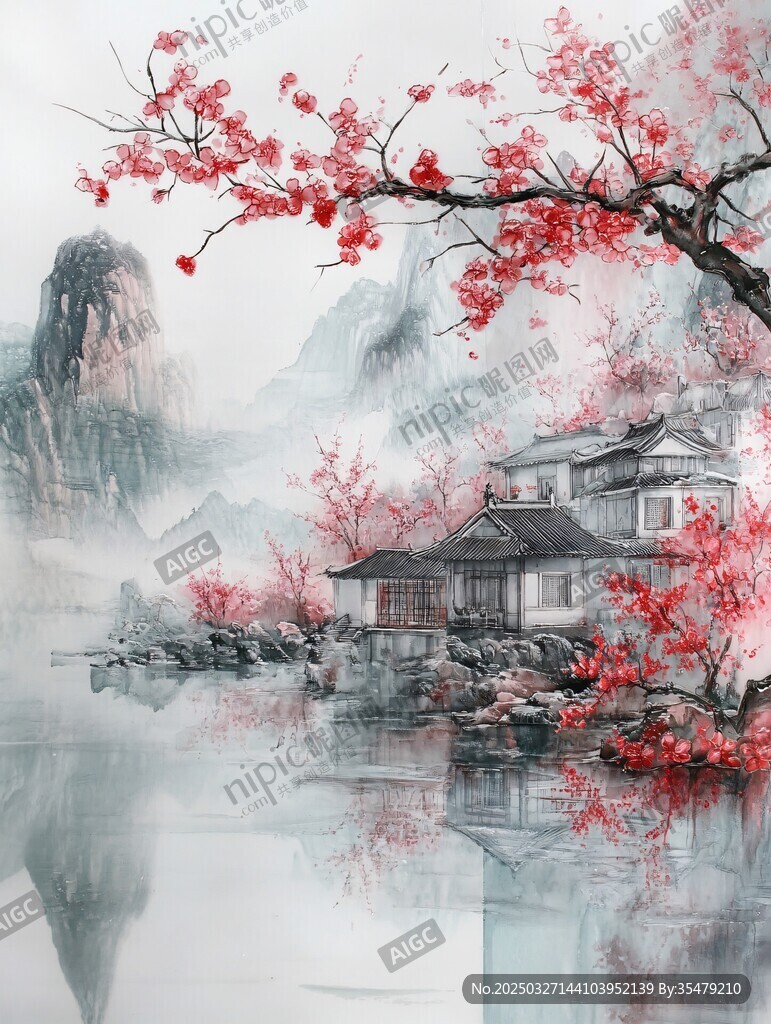 水墨江南 紅梅映水山居圖