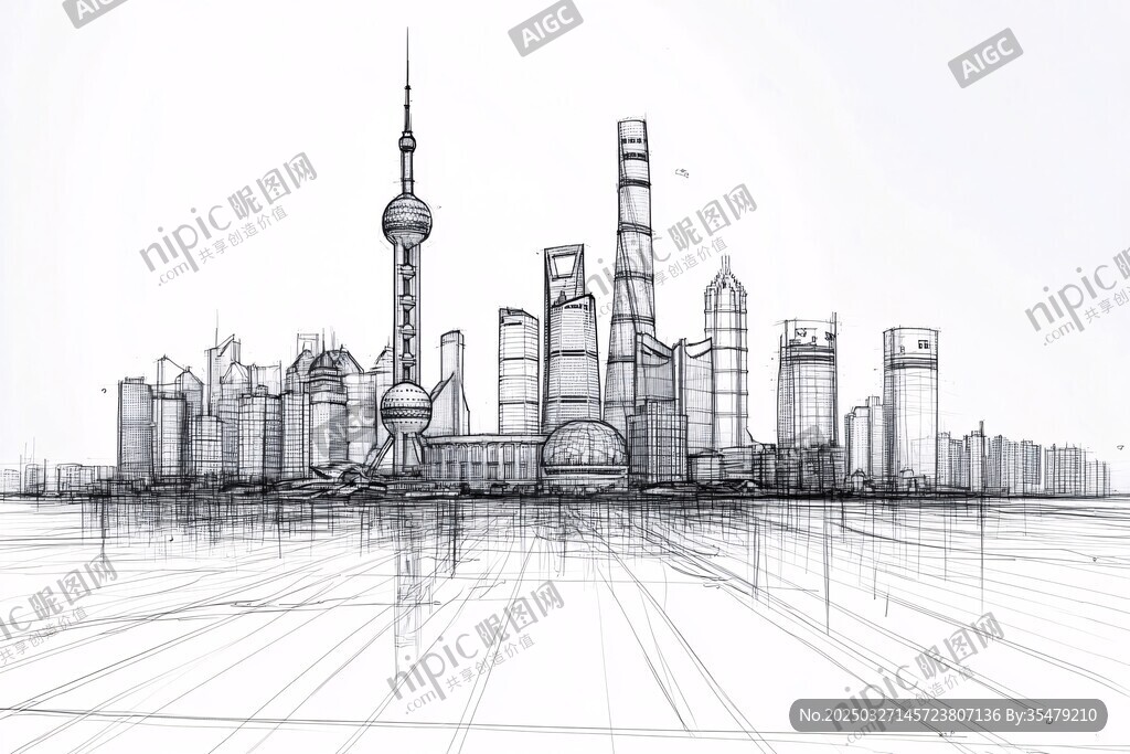 上海城市天際線手繪素描圖