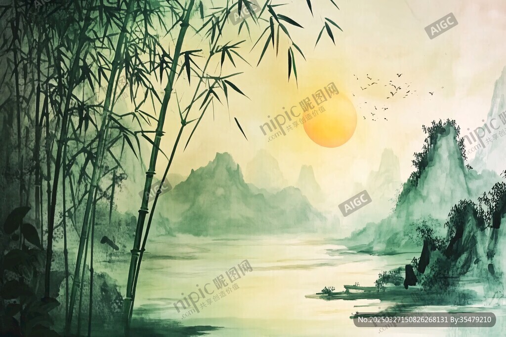 夕陽下的竹林山水美景