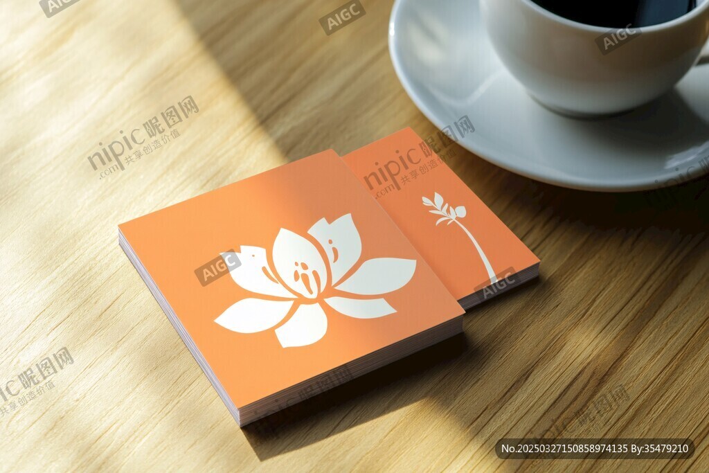 橙色蓮花名片與咖啡杯