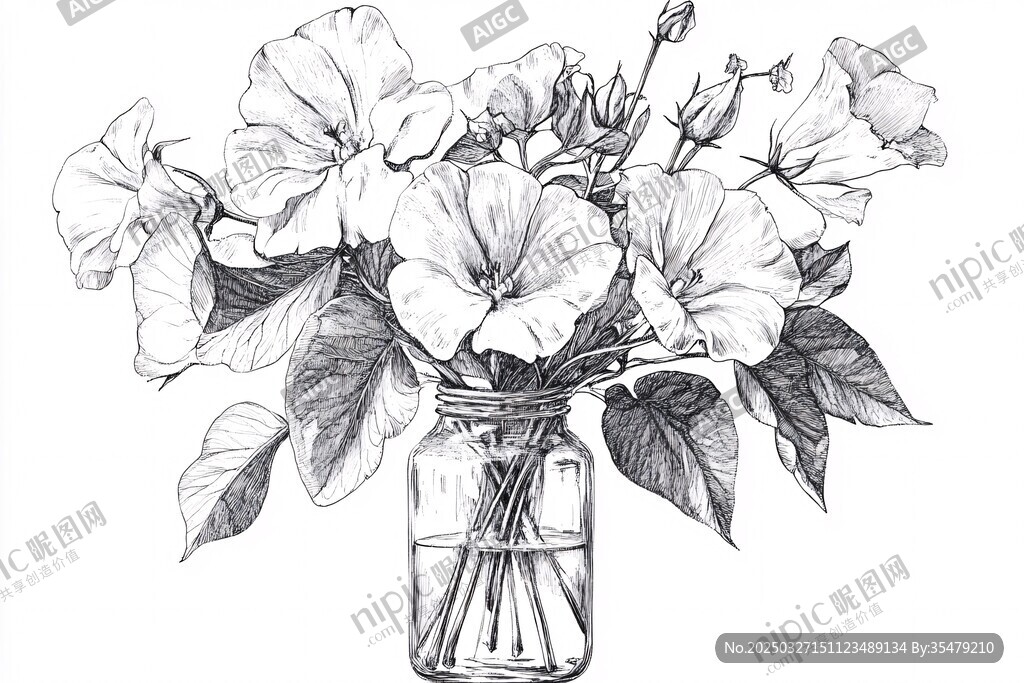 花瓶中的手繪花卉插畫