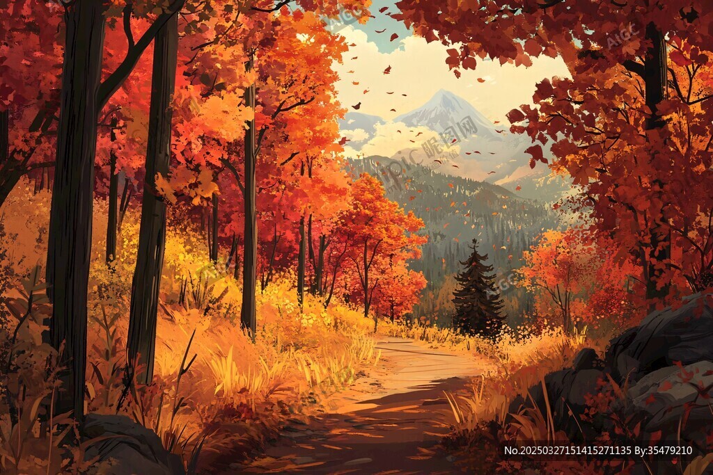 秋日山林小徑的斑斕美景