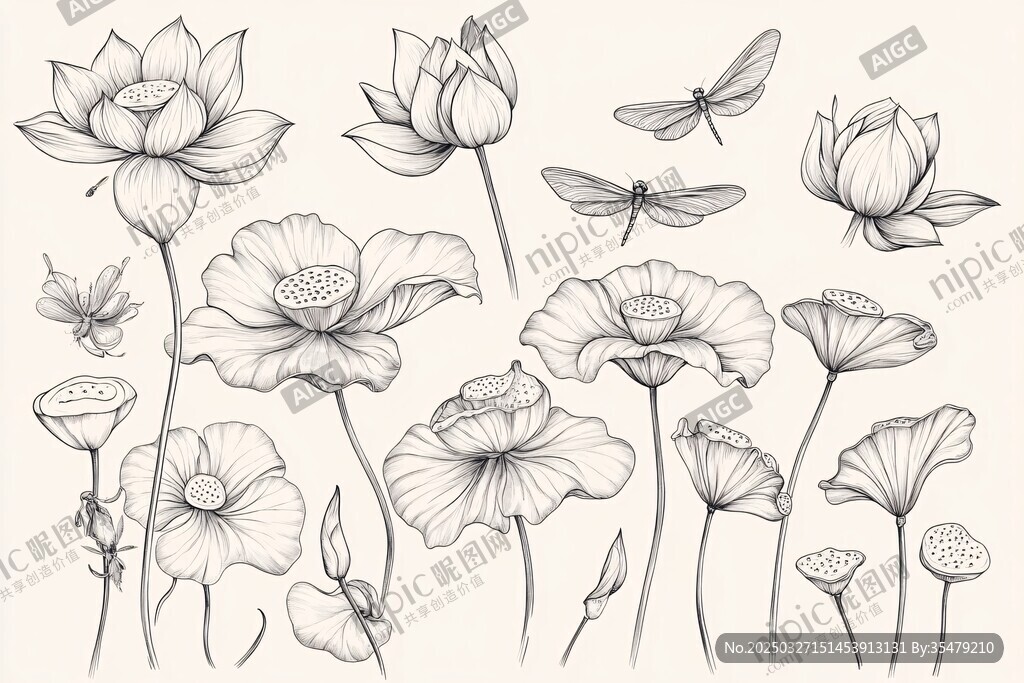 荷花蜻蜓線描插畫素材