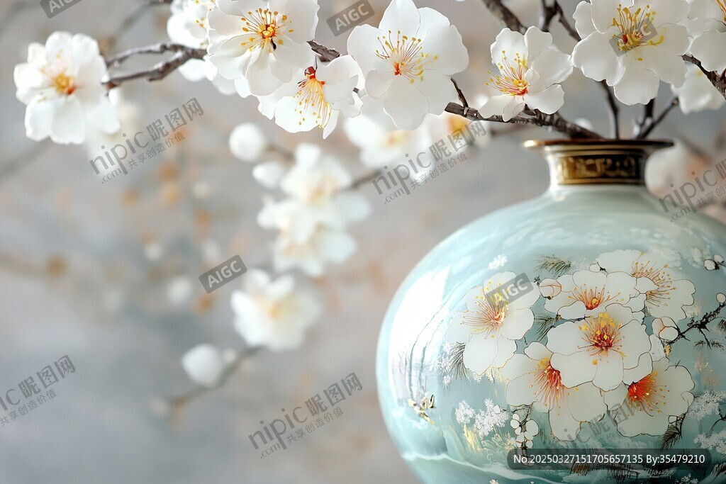 青瓷花瓶插綻白梅