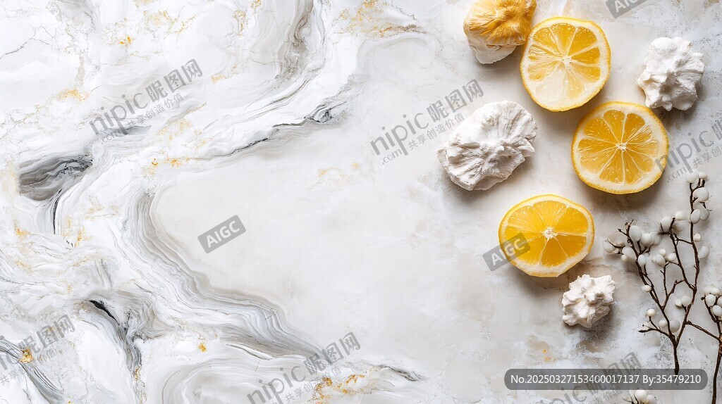 大理石上的檸檬與甜點(diǎn)
