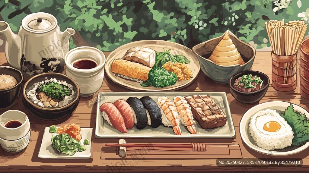 日式美食盛宴擺放在戶外