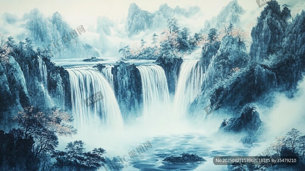 水墨山水間的磅礴瀑布