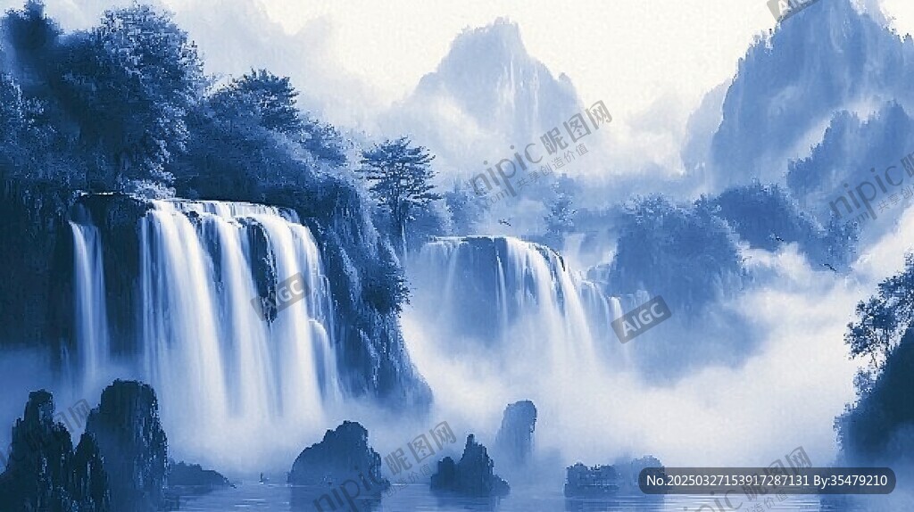 水墨山水間的瀑布奇觀