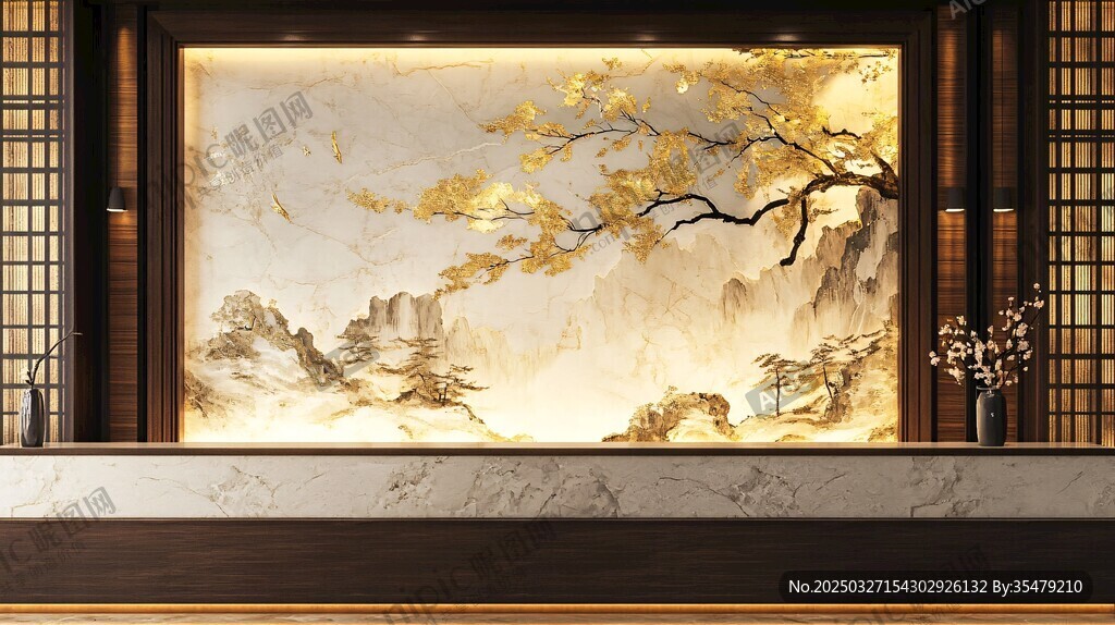 中式山水金枝背景墻裝飾