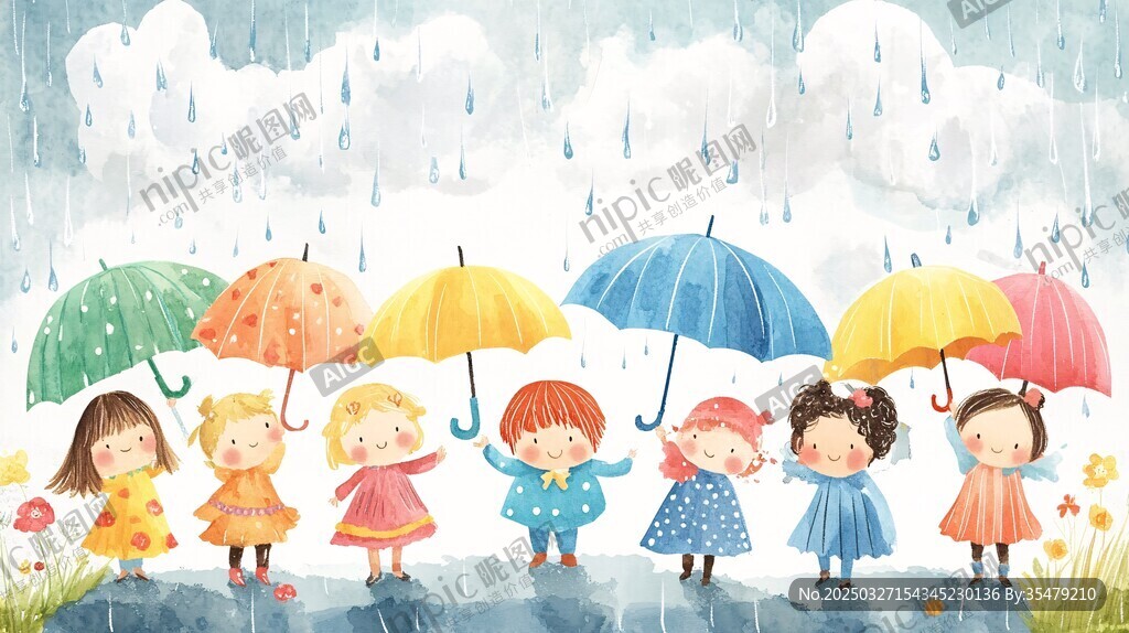 雨中孩童撐傘歡樂漫步