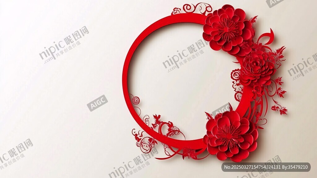 紅色花卉裝飾圓形邊框