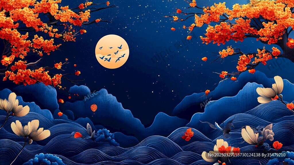 秋夜山林月景圖