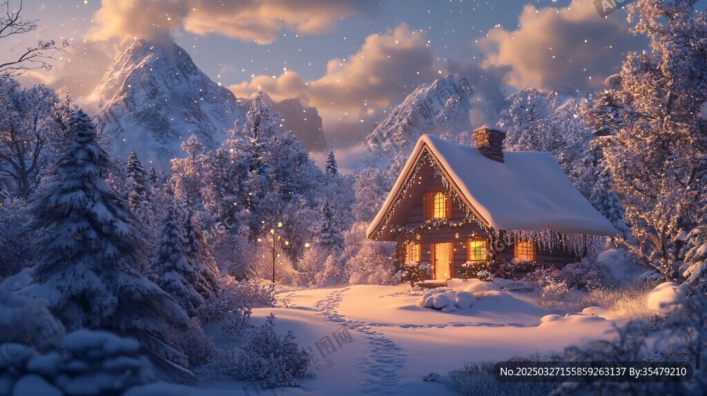 冬日雪中小屋夢幻美景