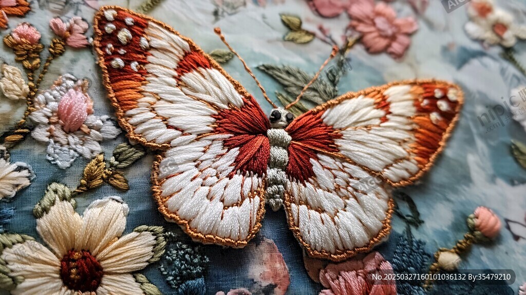 刺繡蝴蝶點綴花卉織物
