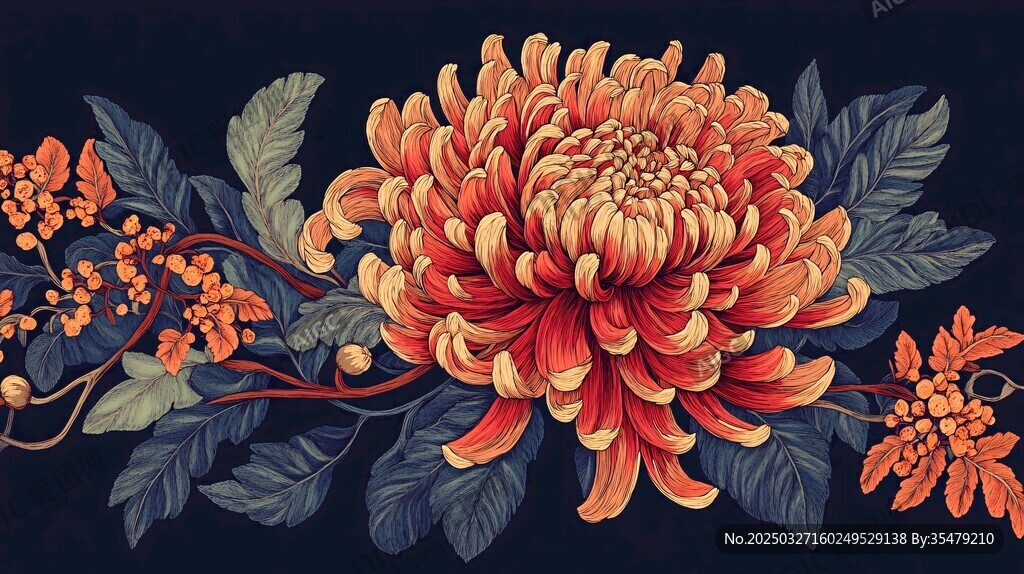 復古風菊花花卉裝飾圖案