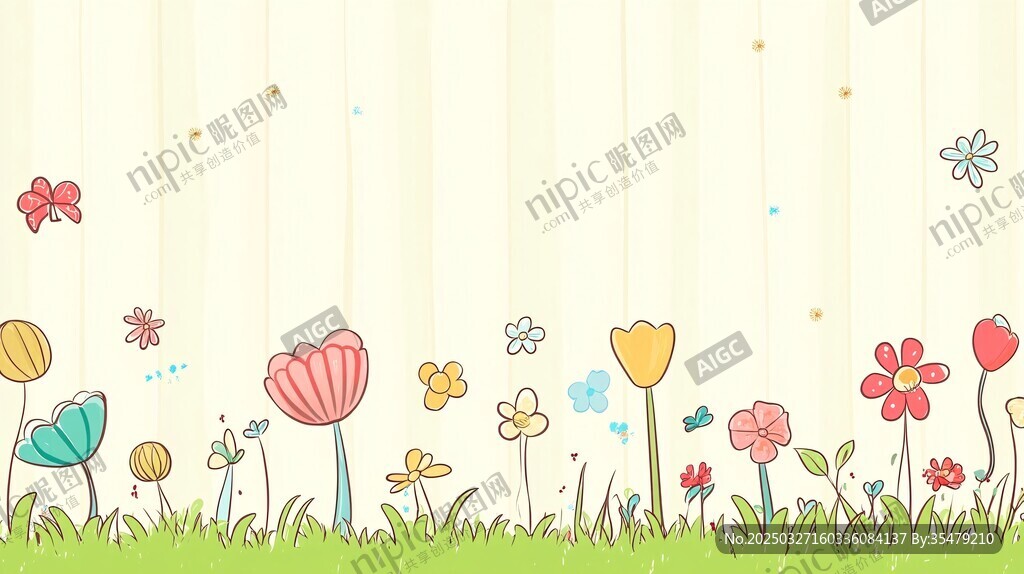 春日花草蝴蝶清新插畫