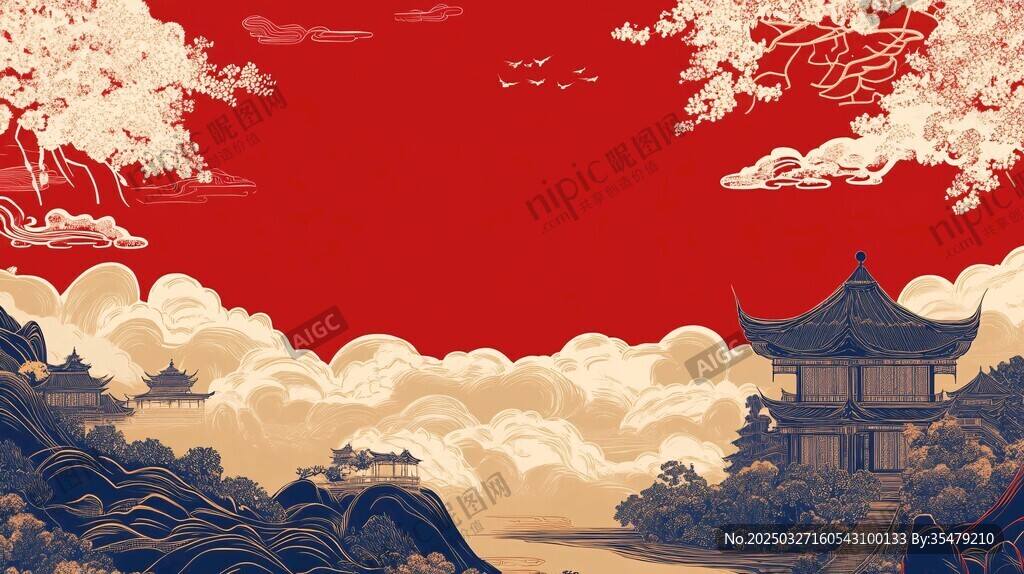 中式古風(fēng)山水樓閣紅色背景