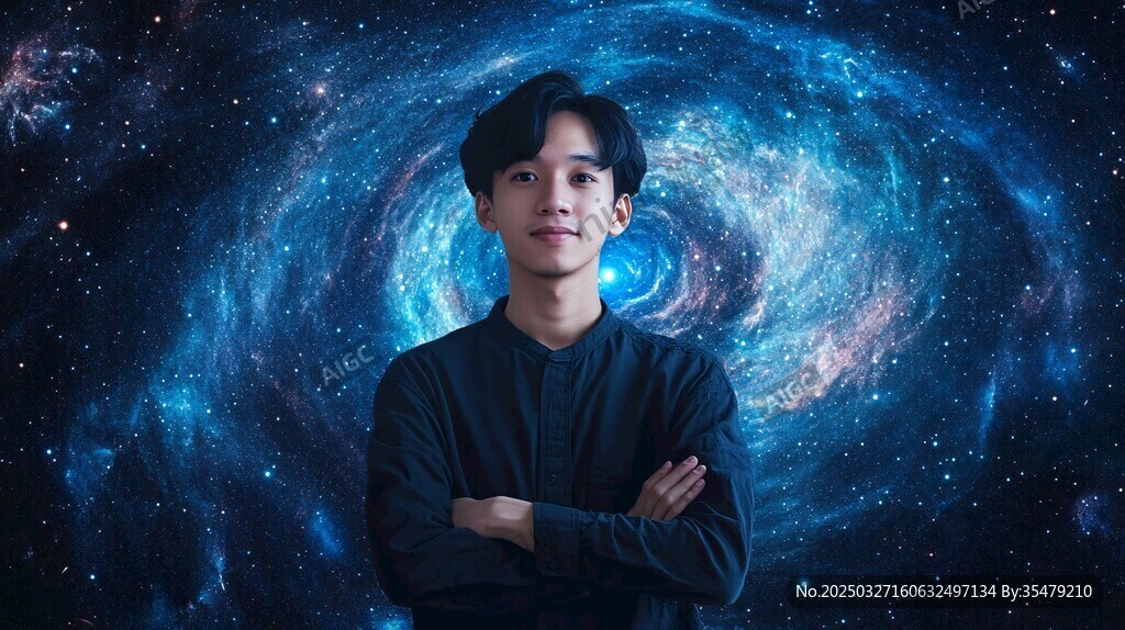 男子立于夢幻宇宙背景前