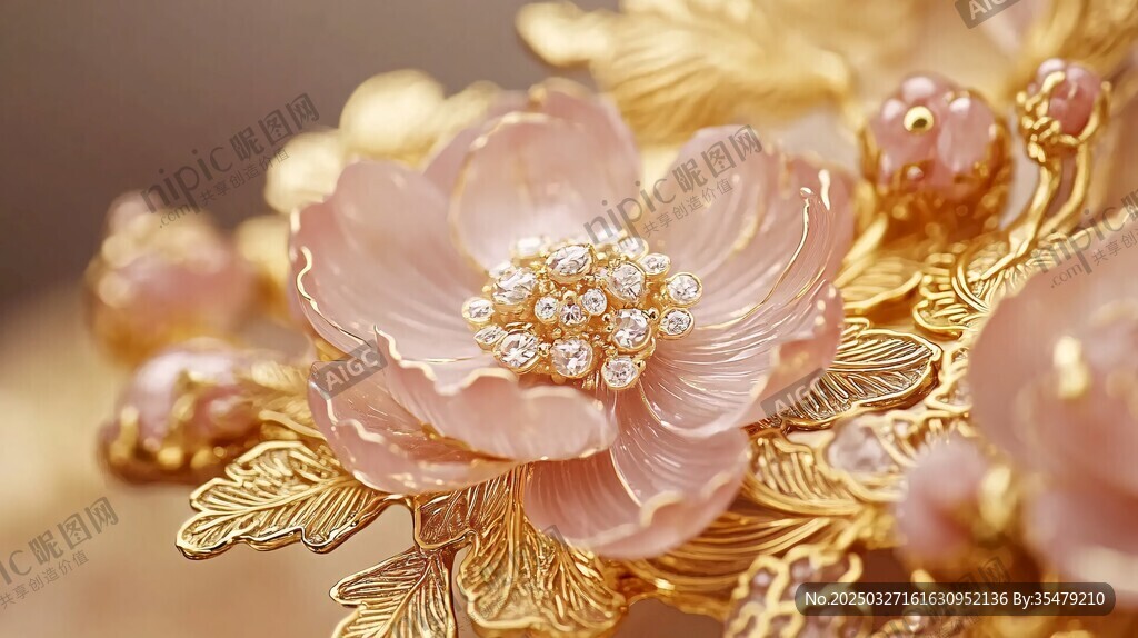 金鑲粉花珍珠精美首飾