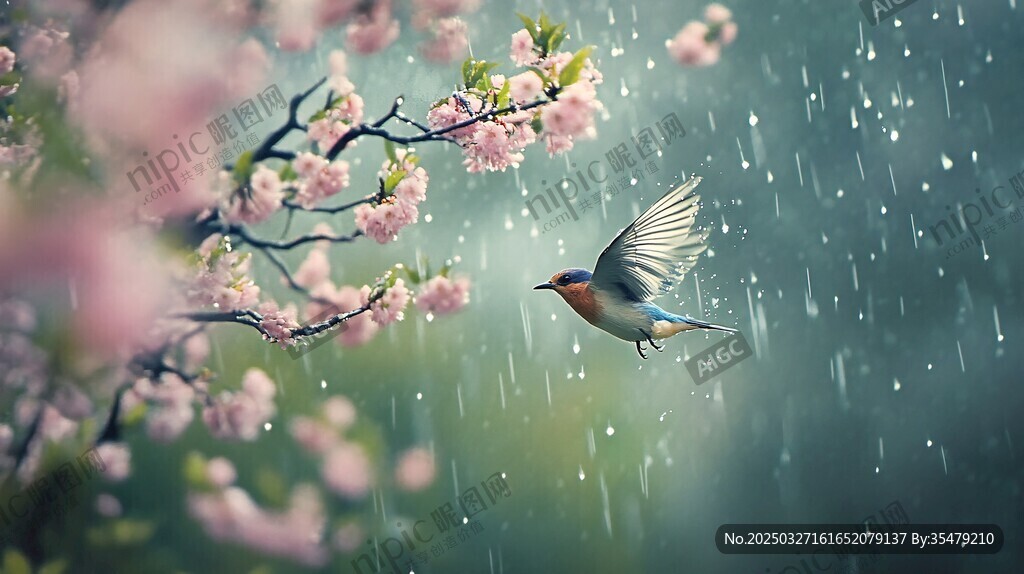 春雨中飛鳥伴繁花