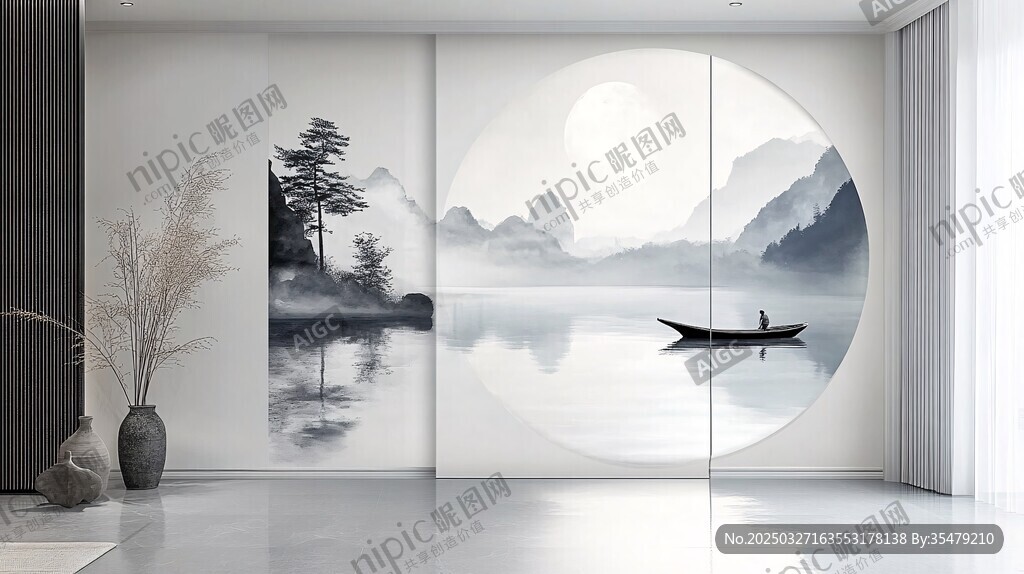 中式水墨山水風移門設計